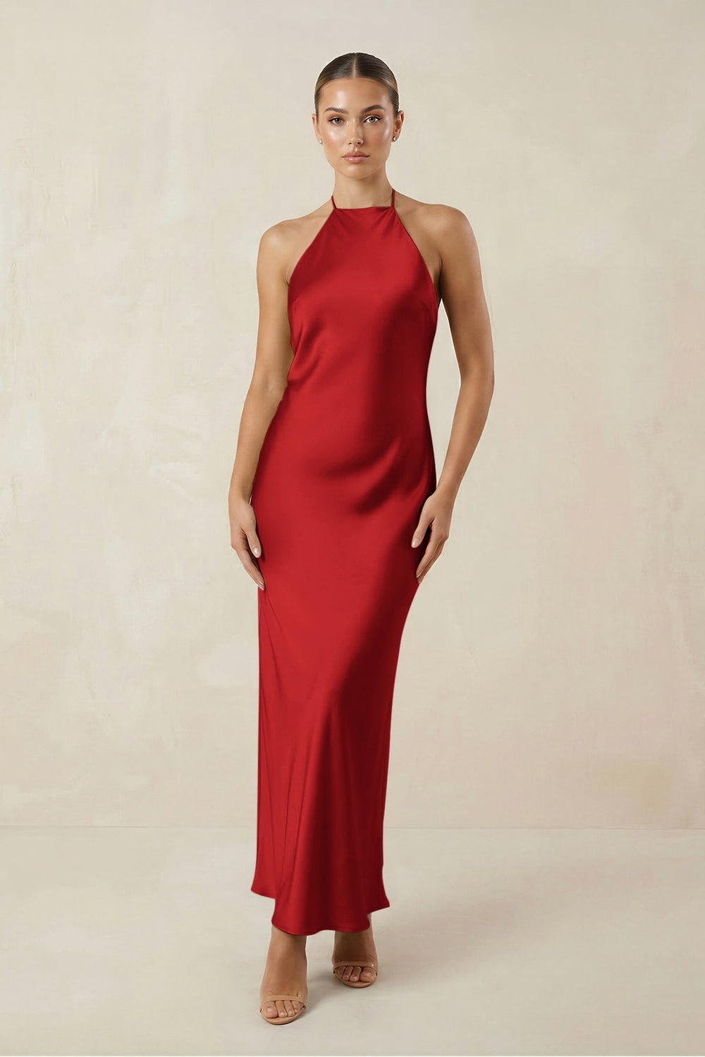 Halter Satin Sheath Midi Bridesmaid Dress in Spice - KISS BRIDAL Bridesmaid Dresses