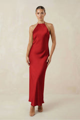 Halter Satin Sheath Midi Bridesmaid Dress in Spice - KISS BRIDAL Bridesmaid Dresses