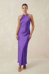 Halter Satin Sheath Midi Bridesmaid Dress in Tahiti - KISS BRIDAL Bridesmaid Dresses