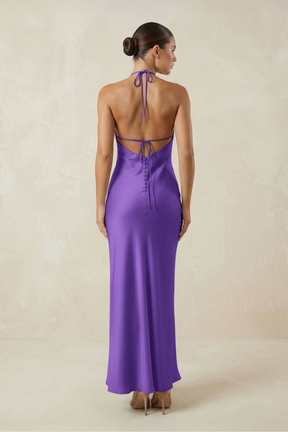 Halter Satin Sheath Midi Bridesmaid Dress in Tahiti - KISS BRIDAL Bridesmaid Dresses