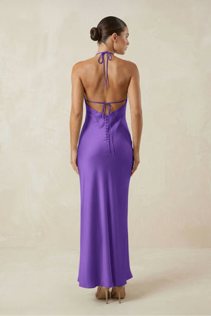 Halter Satin Sheath Midi Bridesmaid Dress in Tahiti - KISS BRIDAL Bridesmaid Dresses