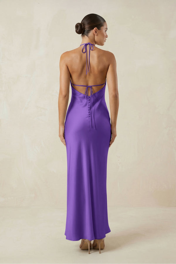 Halter Satin Sheath Midi Bridesmaid Dress in Tahiti - KISS BRIDAL Bridesmaid Dresses