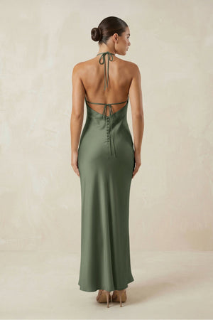 Halter Satin Sheath Midi Bridesmaid Dress in Thyme - KISS BRIDAL Bridesmaid Dresses