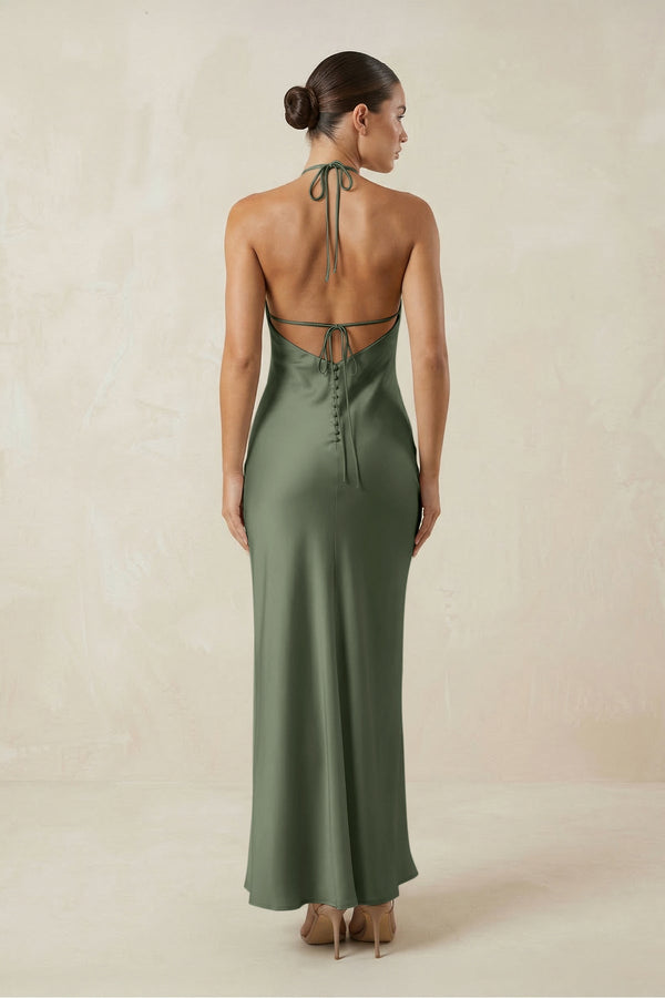 Halter Satin Sheath Midi Bridesmaid Dress in Thyme - KISS BRIDAL Bridesmaid Dresses