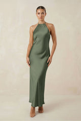Halter Satin Sheath Midi Bridesmaid Dress in Thyme - KISS BRIDAL Bridesmaid Dresses