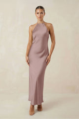 Halter Satin Sheath Midi Bridesmaid Dress in Toffee - KISS BRIDAL Bridesmaid Dresses
