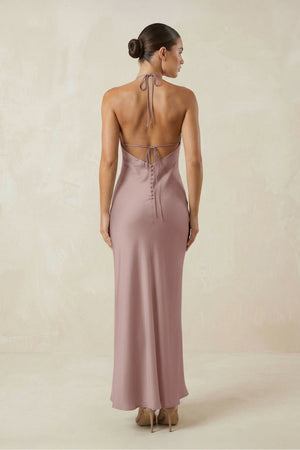 Halter Satin Sheath Midi Bridesmaid Dress in Toffee - KISS BRIDAL Bridesmaid Dresses