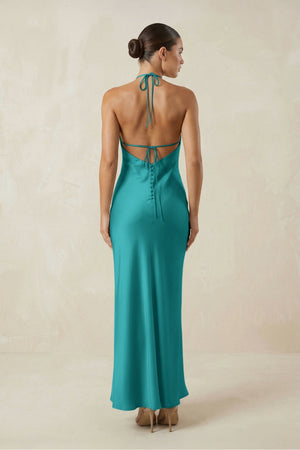 Halter Satin Sheath Midi Bridesmaid Dress in Turquoise - KISS BRIDAL Bridesmaid Dresses
