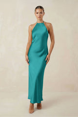 Halter Satin Sheath Midi Bridesmaid Dress in Turquoise - KISS BRIDAL Bridesmaid Dresses