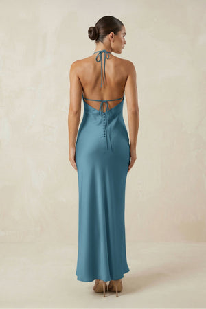 Halter Satin Sheath Midi Bridesmaid Dress in Twilight - KISS BRIDAL Bridesmaid Dresses
