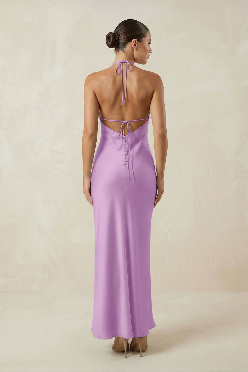 Halter Satin Sheath Midi Bridesmaid Dress in Vintage Mauve - KISS BRIDAL Bridesmaid Dresses