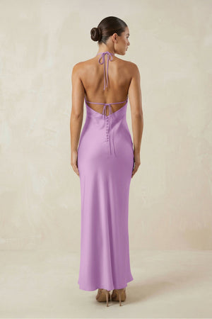Halter Satin Sheath Midi Bridesmaid Dress in Vintage Mauve - KISS BRIDAL Bridesmaid Dresses
