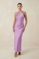 Halter Satin Sheath Midi Bridesmaid Dress in Vintage Mauve - KISS BRIDAL Bridesmaid Dresses
