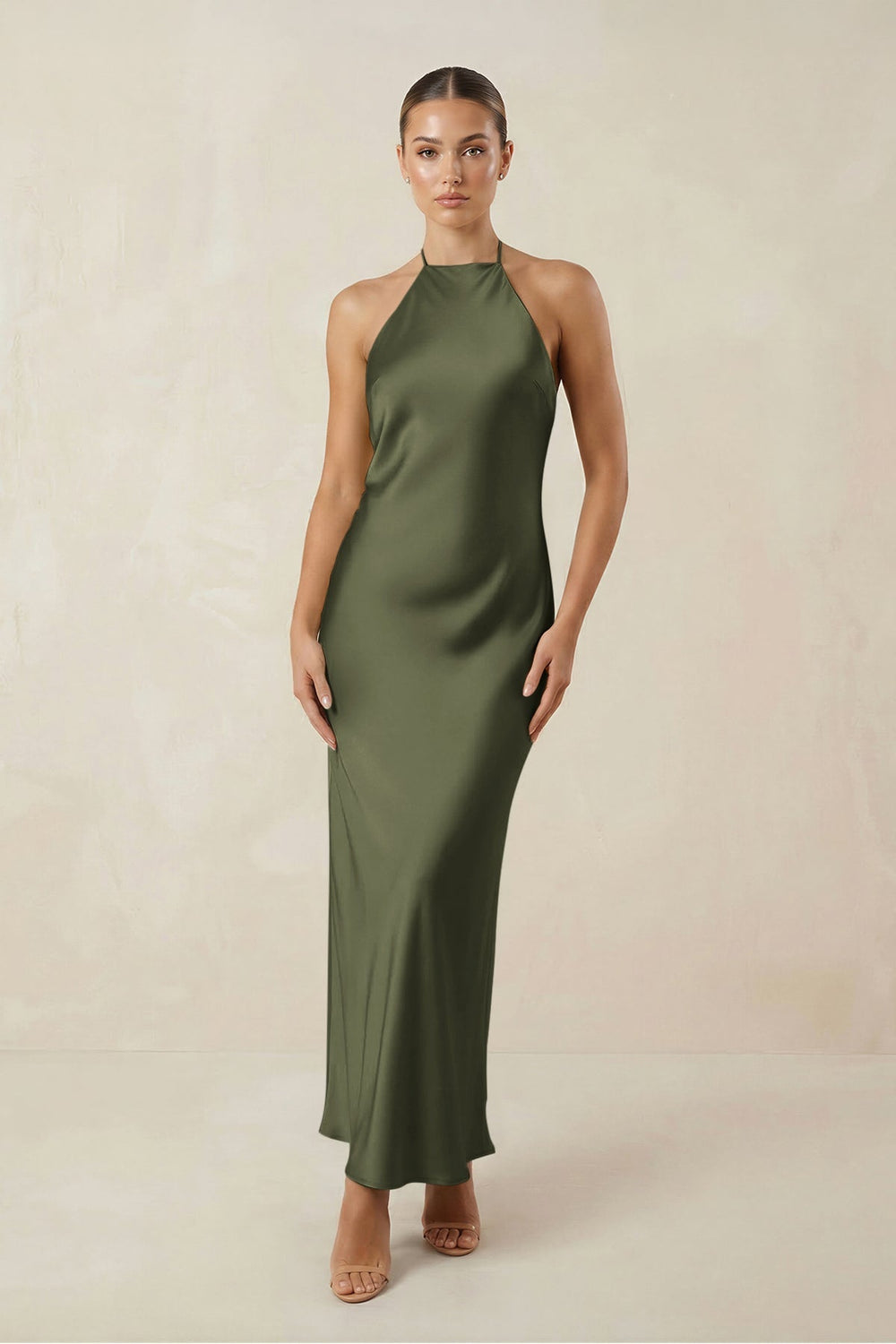 Halter Satin Sheath Midi Bridesmaid Dress in Willow Green - KISS BRIDAL Bridesmaid Dresses
