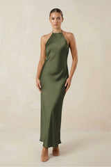 Halter Satin Sheath Midi Bridesmaid Dress in Willow Green - KISS BRIDAL Bridesmaid Dresses