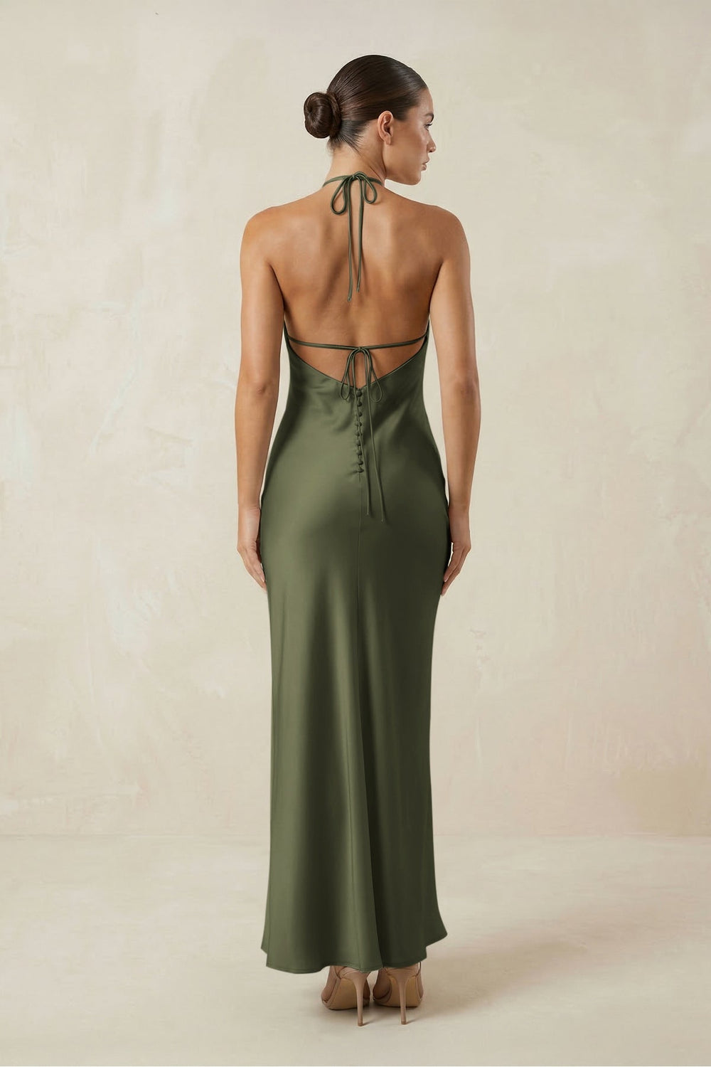 Halter Satin Sheath Midi Bridesmaid Dress in Willow Green - KISS BRIDAL Bridesmaid Dresses