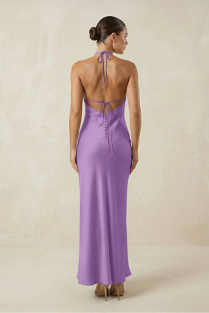 Halter Satin Sheath Midi Bridesmaid Dress in Wisteria - KISS BRIDAL Bridesmaid Dresses