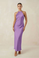 Halter Satin Sheath Midi Bridesmaid Dress in Wisteria - KISS BRIDAL Bridesmaid Dresses