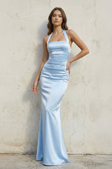 Halter Satin Sheath Ruched Long Prom Dress in Sky Blue - KISS BRIDAL