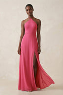 Halter Sheath Chiffon Bridesmaid Dress with Slit in Fuchsia - SHE IS ME Bridesmaid Dresses