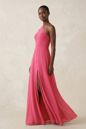Halter Sheath Chiffon Bridesmaid Dress with Slit in Fuchsia - SHE IS ME Bridesmaid Dresses