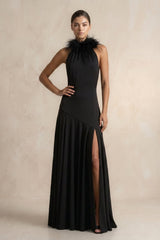 Halter Sheath Feather Satin Wedding Dress with Slit in Black - KISS BRIDAL Wedding Dresses
