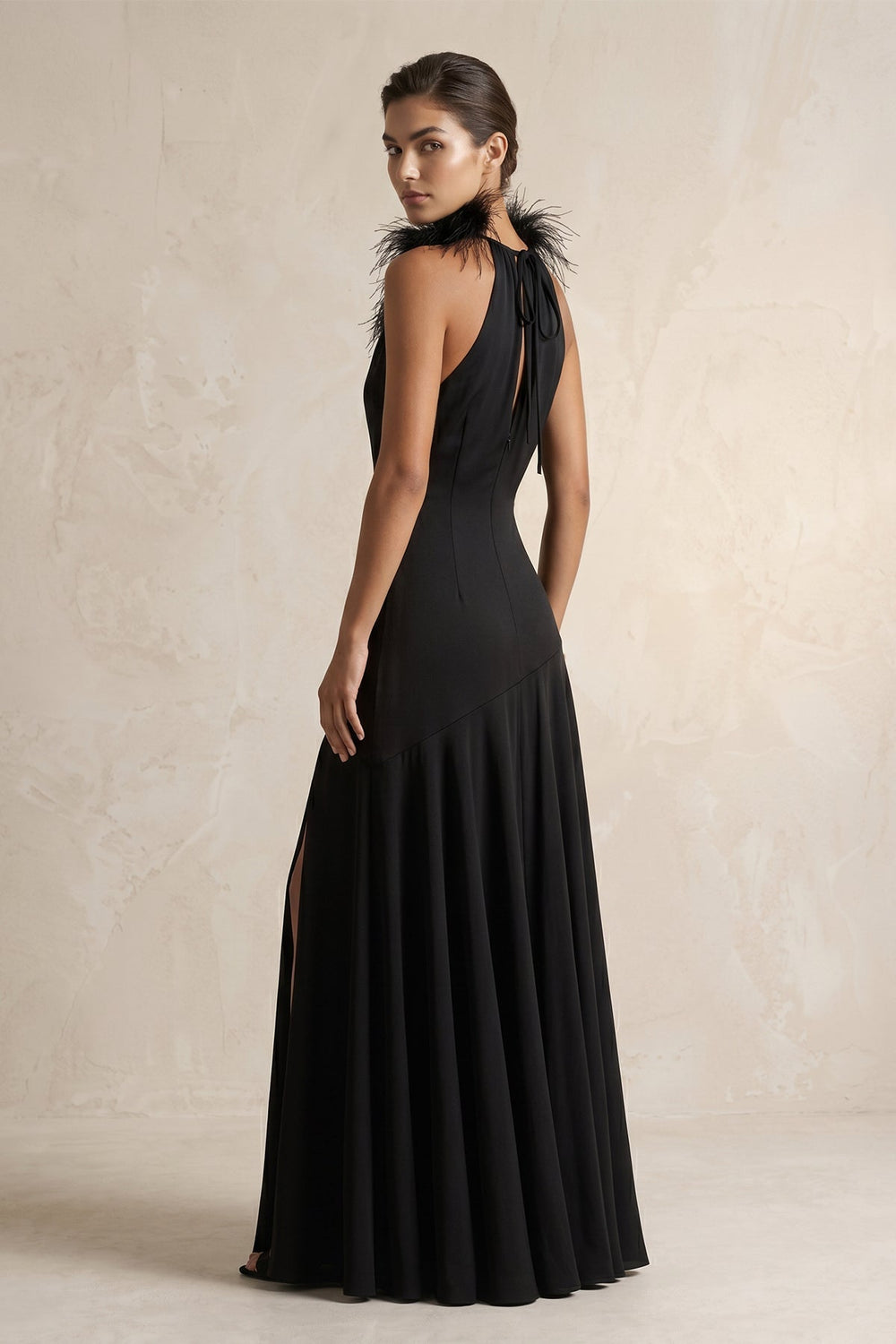 Halter Sheath Feather Satin Wedding Dress with Slit in Black - KISS BRIDAL Wedding Dresses