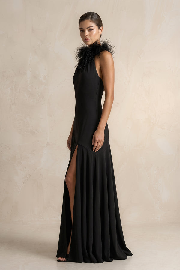 Halter Sheath Feather Satin Wedding Dress with Slit in Black - SHE IS ME Wedding Dresses