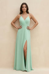 Halter Sheath Long Chiffon Bridesmaid Dress in Pale Pistachio - KISS BRIDAL BRIDESMAID DRESSES