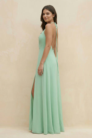 Halter Sheath Long Chiffon Bridesmaid Dress in Pale Pistachio - SHE IS ME BRIDESMAID DRESSES