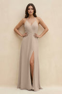 Halter Sheath Long Chiffon Bridesmaid Dress in Almond - SHE IS ME BRIDESMAID DRESSES