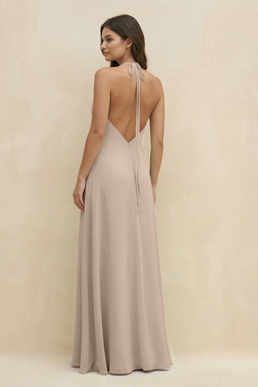 Halter Sheath Long Chiffon Bridesmaid Dress in Almond - KISS BRIDAL BRIDESMAID DRESSES