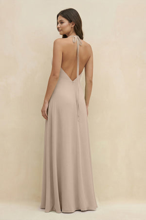 Halter Sheath Long Chiffon Bridesmaid Dress in Almond - SHE IS ME BRIDESMAID DRESSES