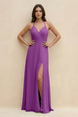 Halter Sheath Long Chiffon Bridesmaid Dress in Amethyst - KISS BRIDAL BRIDESMAID DRESSES
