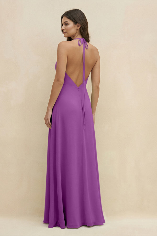 Halter Sheath Long Chiffon Bridesmaid Dress in Amethyst - SHE IS ME BRIDESMAID DRESSES