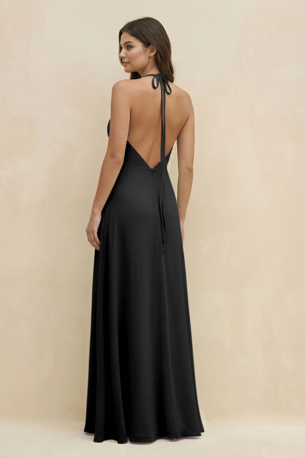 Halter Sheath Long Chiffon Bridesmaid Dress in Black - KISS BRIDAL BRIDESMAID DRESSES