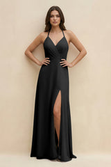 Halter Sheath Long Chiffon Bridesmaid Dress in Black - KISS BRIDAL BRIDESMAID DRESSES