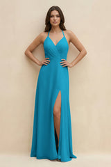 Halter Sheath Long Chiffon Bridesmaid Dress in Blue Jay - KISS BRIDAL BRIDESMAID DRESSES