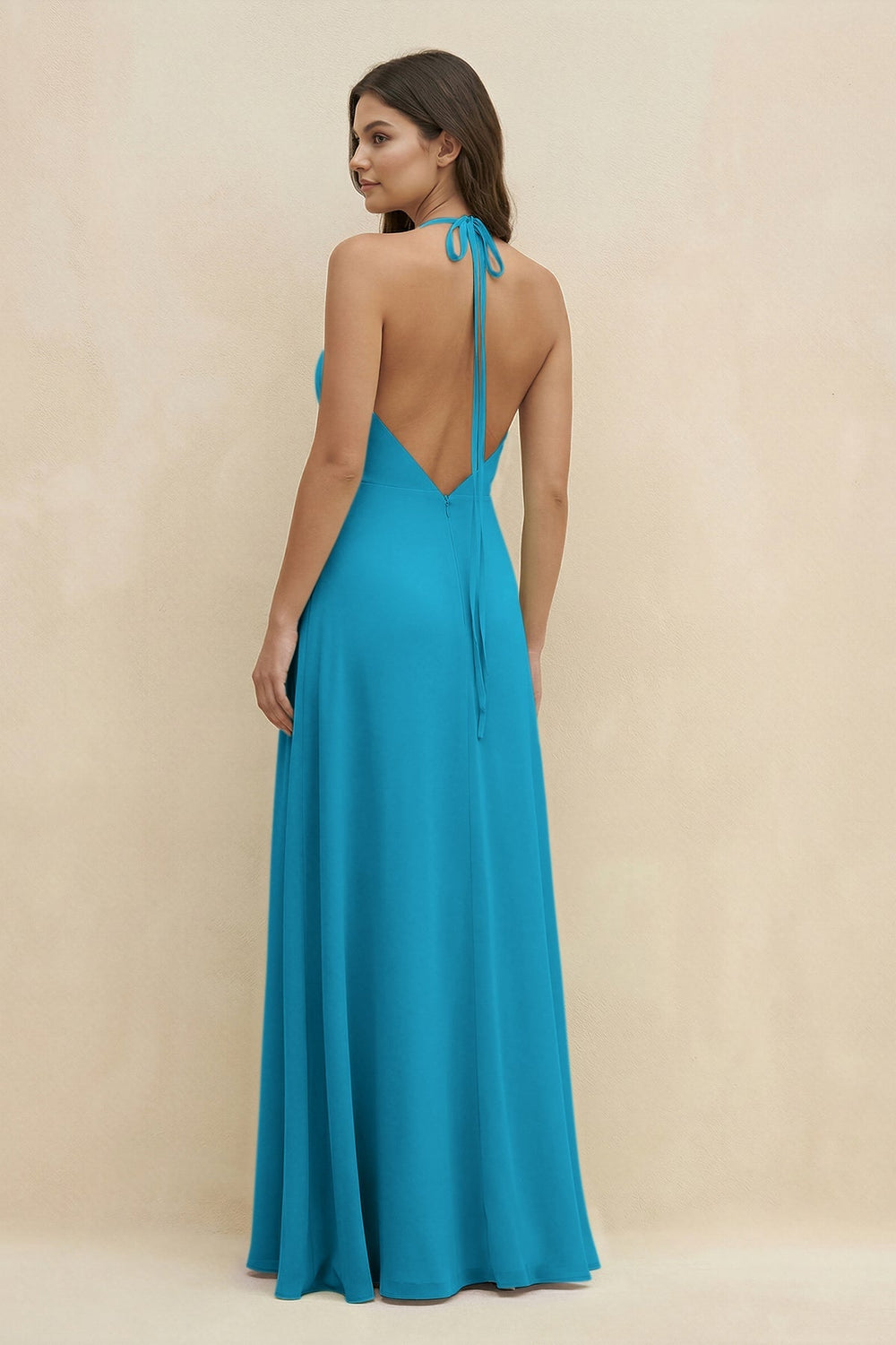 Halter Sheath Long Chiffon Bridesmaid Dress in Blue Jay - KISS BRIDAL BRIDESMAID DRESSES