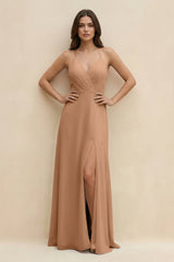 Halter Sheath Long Chiffon Bridesmaid Dress in Bronzer - KISS BRIDAL BRIDESMAID DRESSES
