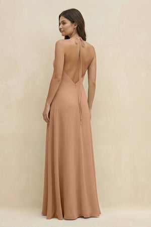 Halter Sheath Long Chiffon Bridesmaid Dress in Bronzer - SHE IS ME BRIDESMAID DRESSES