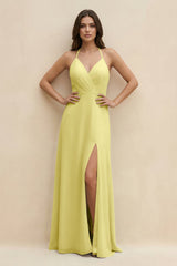 Halter Sheath Long Chiffon Bridesmaid Dress in Buttercup - KISS BRIDAL BRIDESMAID DRESSES