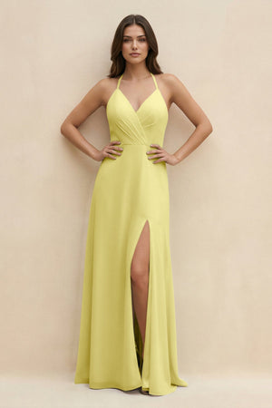 Halter Sheath Long Chiffon Bridesmaid Dress in Buttercup - SHE IS ME BRIDESMAID DRESSES