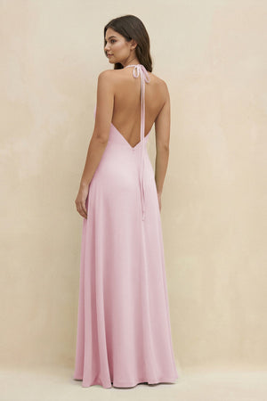 Halter Sheath Long Chiffon Bridesmaid Dress in Candy Pink - SHE IS ME BRIDESMAID DRESSES