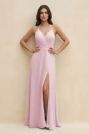Halter Sheath Long Chiffon Bridesmaid Dress in Candy Pink - SHE IS ME BRIDESMAID DRESSES