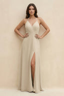 Halter Sheath Long Chiffon Bridesmaid Dress in Champagne - SHE IS ME BRIDESMAID DRESSES