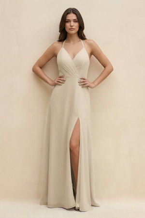 Halter Sheath Long Chiffon Bridesmaid Dress in Champagne - SHE IS ME BRIDESMAID DRESSES