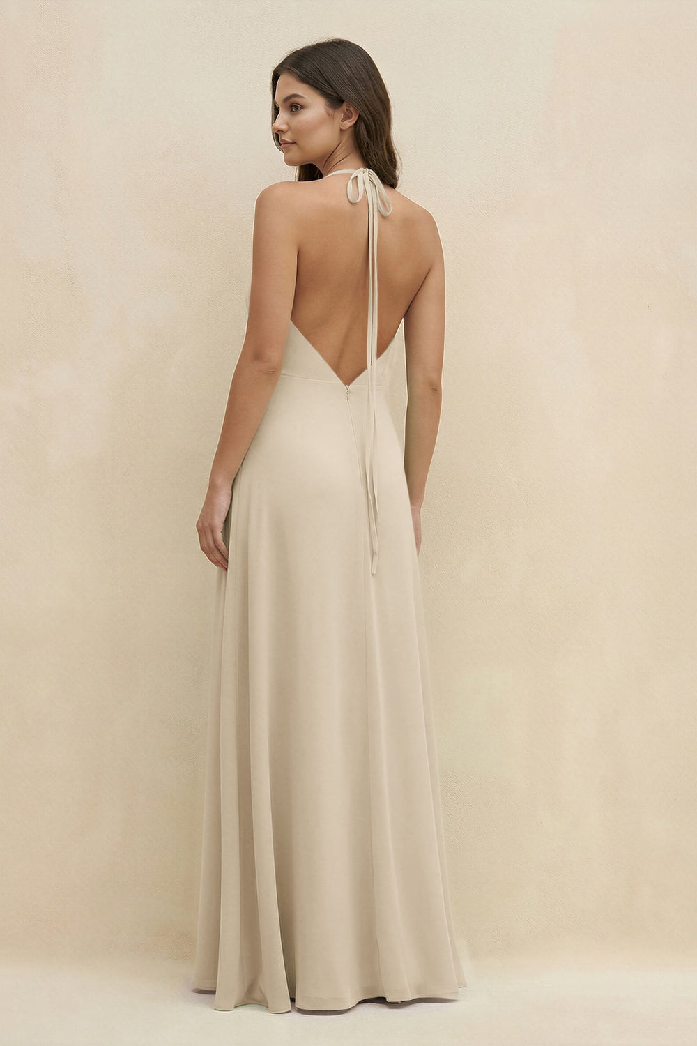 Halter Sheath Long Chiffon Bridesmaid Dress in Champagne - KISS BRIDAL BRIDESMAID DRESSES