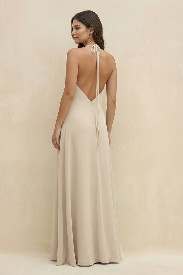 Halter Sheath Long Chiffon Bridesmaid Dress in Champagne - SHE IS ME BRIDESMAID DRESSES