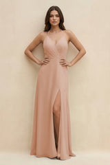 Halter Sheath Long Chiffon Bridesmaid Dress in Champagne Rose - KISS BRIDAL BRIDESMAID DRESSES
